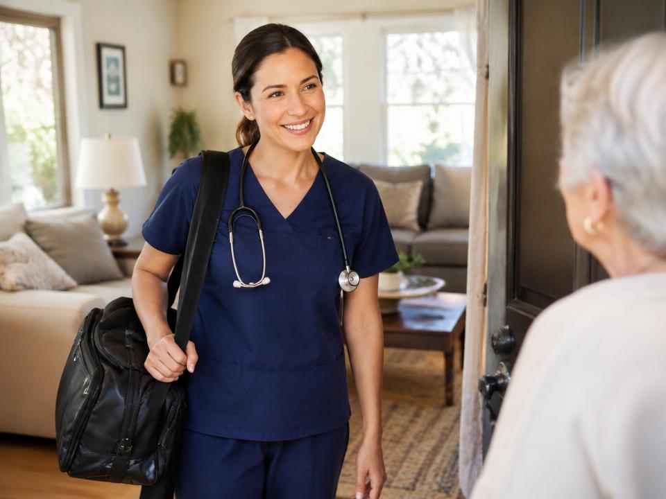 Home health nurse greeting a patient at home (stock image)
