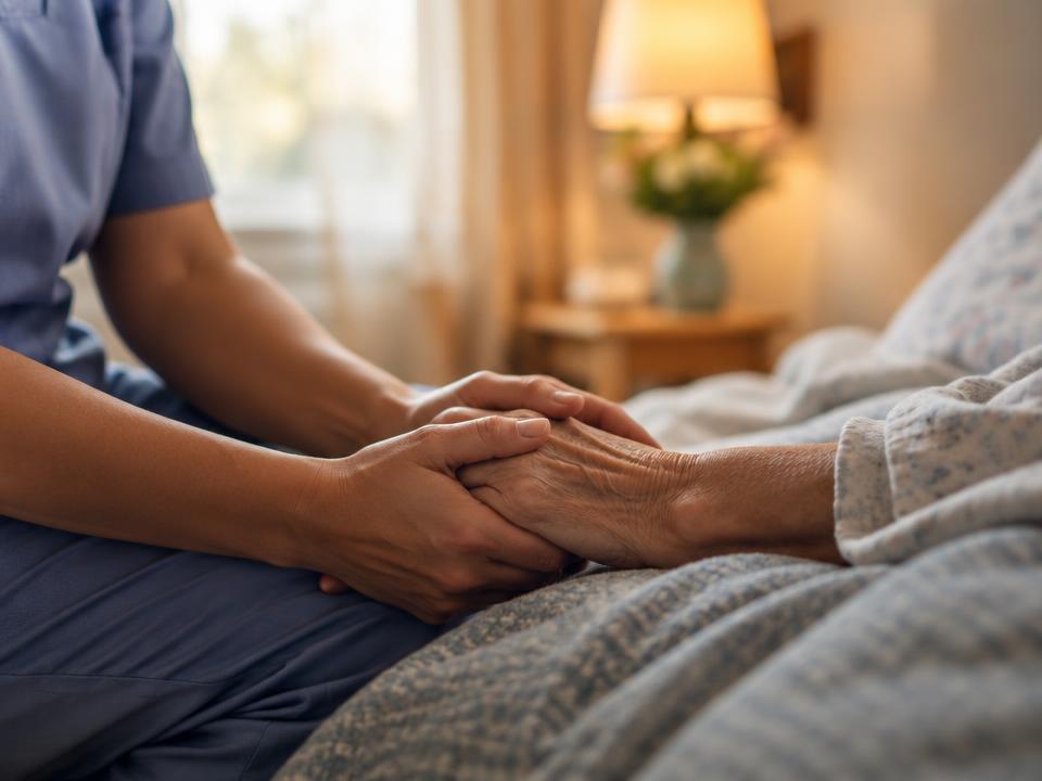 Caregiver holding an elderly patient's hand (stock image)