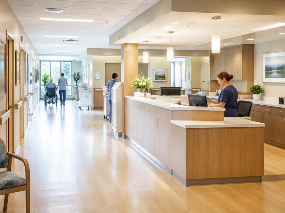 Bright skilled nursing facility nurse station (stock image)